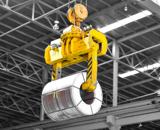 Coil tong lifting steel coils in industrial material handling operation thumbnail